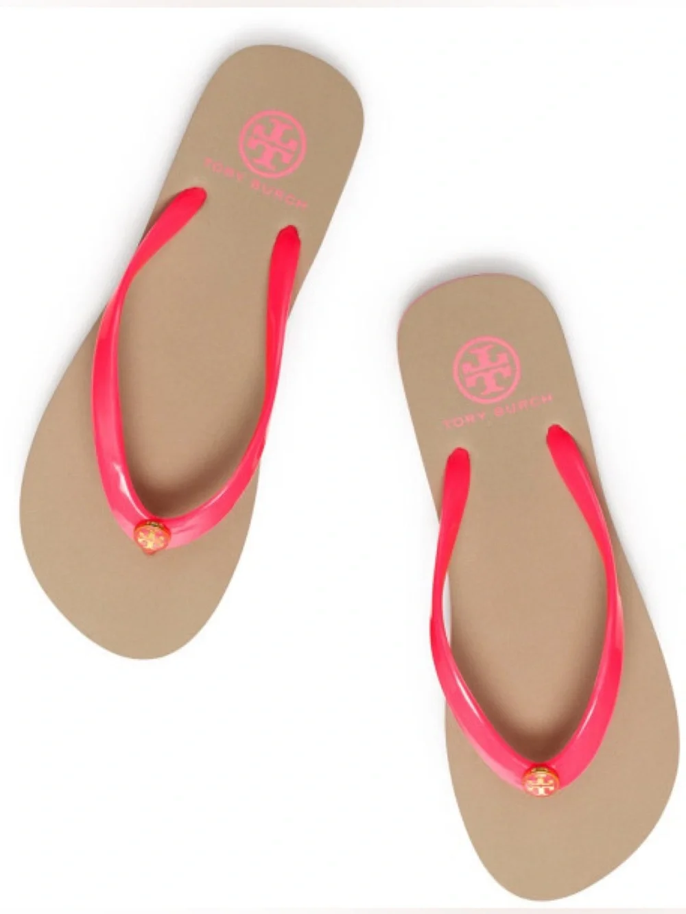 Tory Burch Eva Pink Tan Stripe side Logo Flip Flop Sandals Size 5-6
